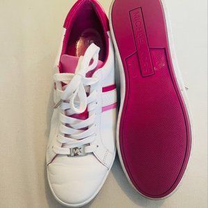 Michael Kors White & Neon Pink Irving Stripe Lace-Up Sneakers Size 9